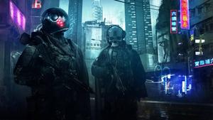 A mysterious cyberpunk warrior strolling a neon-lit city cyberpunk wallpaper