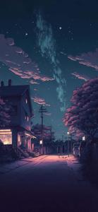 a night scene with a house and a street anime aesthetic wallpaper
