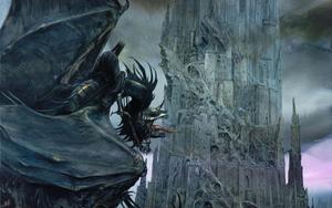 a painting of a dragon flying over a tower lord of the rings wallpaper
