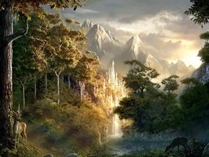 a painting of a forest with a castle and deer lord of the rings wallpaper