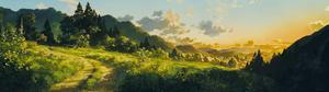 a painting of a mountain road with trees and a sunset dual monitor wallpaper