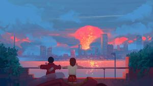 a painting of two people looking at the city aesthetic computer 4k wallpaper