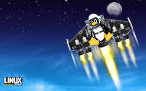 a penguin flying in the sky with a rocket linux wallpaper