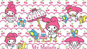 a pink and white background with a pink and white kawaii character my melody wallpaper
