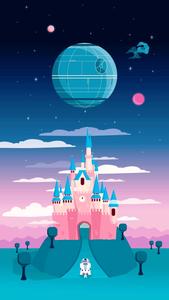 a pink castle with a star wars ship in the sky pretty cute phone wallpaper