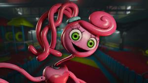 a pink robot with green eyes and long hair poppy playtime wallpaper