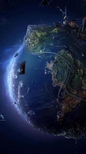 a planet with a spaceship in the middle tablet wallpaper