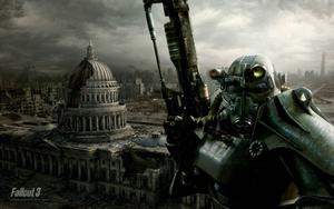A Power Armored Ranger from Fallout 3 Set Against a Dramatic Wasteland Backdrop fallout wallpaper