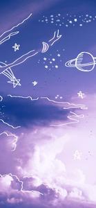 a purple sky with stars and planets Wallpaper