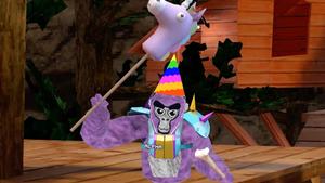 a purple unicorn with a hat gorilla tag wallpaper