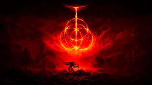 a red and black image of a demon standing on a mountain elden ring wallpaper