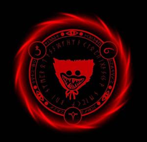 a red circle with a red symbol in the middle huggy wuggy wallpaper