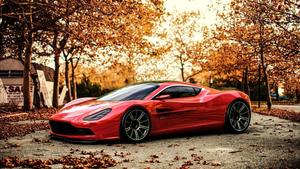 A Red Sports Car Zooming under the Night Sky Wallpaper