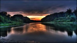 a river with clouds and trees at sunset 1080p wallpaper