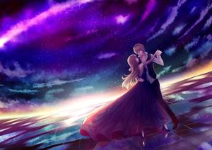 A romantic embrace for the lovebirds sharing a beautiful sunset. anime couple wallpaper