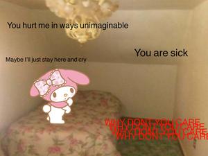 a room with a bed and a pink bunny weirdcore wallpaper