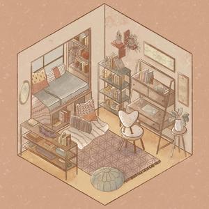 a room with a bed, sofa, and bookshelf aesthetic drawings wallpaper