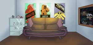 a room with a couch and a television fnf wallpaper