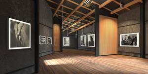 a room with black and white photographs Wallpaper