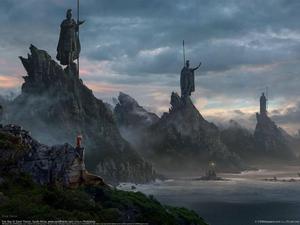 a scene of a mountain with a group of people on top lord of the rings wallpaper
