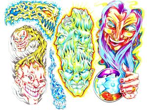 a set of colorful tattoos with different faces trippy wallpaper