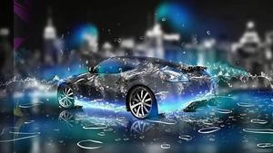 A shiny and fast 3D car driving through a futuristic blue liquid Wallpaper