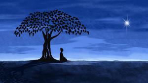 A silhouette of Buddha meditating peacefully under a tree. buddha wallpaper