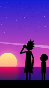 A silhouette of Rick and Morty relaxing on the beach rick and morty wallpaper