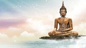 a statue of buddha sitting on an island in the water buddha wallpaper