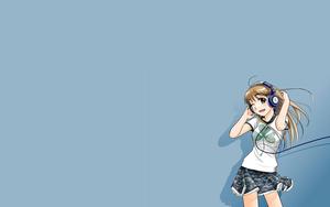 A teenage anime girl smiles while listening to her favorite songs. anime girl wallpaper