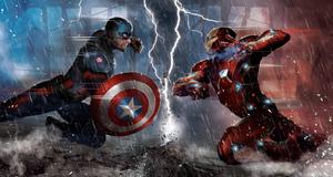 A thrilling battle between Captain America and Iron Man in the rain captain america wallpaper