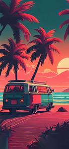 a van on the beach with palm trees summer aesthetic wallpaper