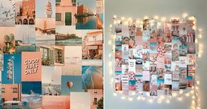 a wall with pictures and lights hanging on it aesthetic collage wallpaper
