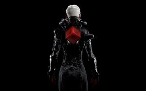 a woman in a black outfit with a red head 4k gaming wallpaper