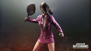 a woman in a pink dress holding a pan pubg wallpaper