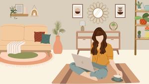 a woman sitting on the floor with a laptop in her living room girl wallpaper