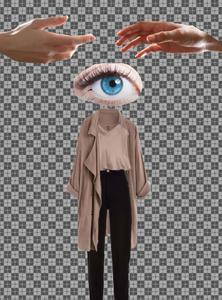 a woman with an eye and a coat weirdcore wallpaper