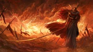 a woman with long hair standing in front of a fire elden ring wallpaper