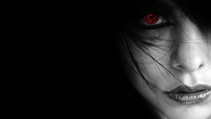 a woman with red eyes and black hair dark wallpaper