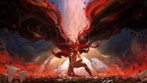 a woman with red hair standing in front of a fire elden ring wallpaper