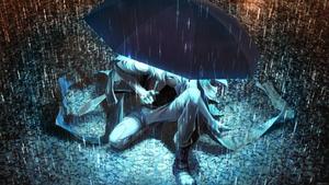 A young anime boy using an umbrella in the rain 1080p wallpaper