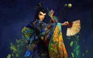 A young beautiful woman dances in a traditional Japanese kimono. girl wallpaper