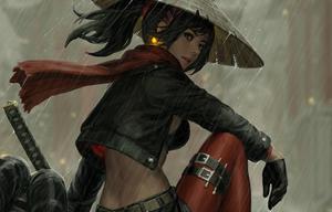 A young female samurai, trained in traditional Japanese martial arts, stands ready to fight. samurai wallpaper