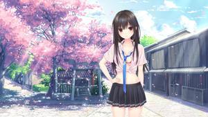 An anime girl stares off into the distance surrounded by cherry blossoms. anime girl wallpaper