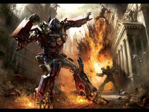 An Autobot taking on Decepticons in the middle of a city transformers wallpaper