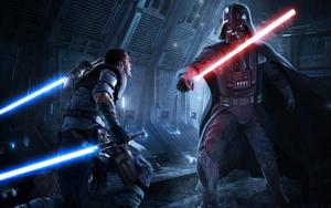 An epic showdown between Darth Vader and a Jedi. darth vader wallpaper