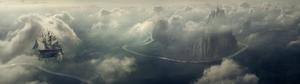 An epic view of a ship floating amidst clouds in the sky dual monitor wallpaper