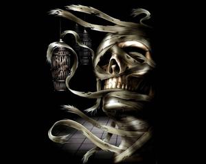 An illustration of a Mummy Skull with Flames Blazing skull wallpaper