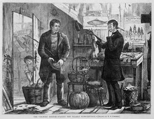 an old illustration of two men in a shop trading wallpaper