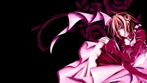 anime girl in pink dress sitting on a black background